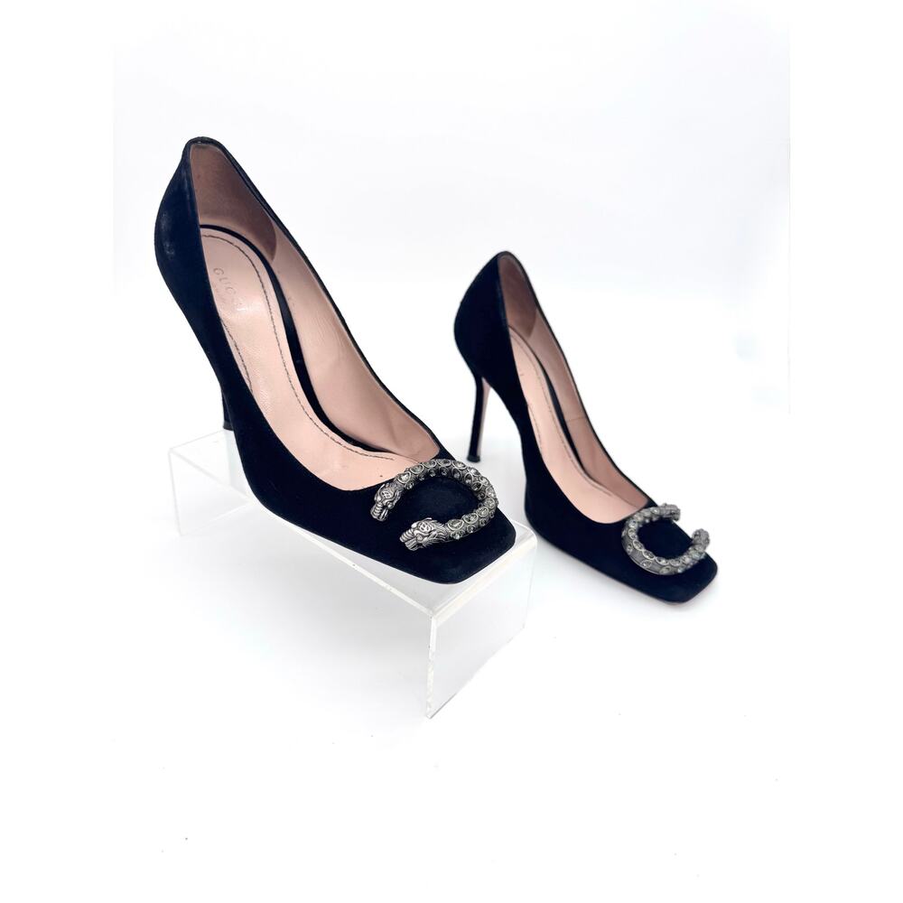 Gucci Dionysus Black Suede Pumps Crystal Tiger Head Square Toe EU 37.5